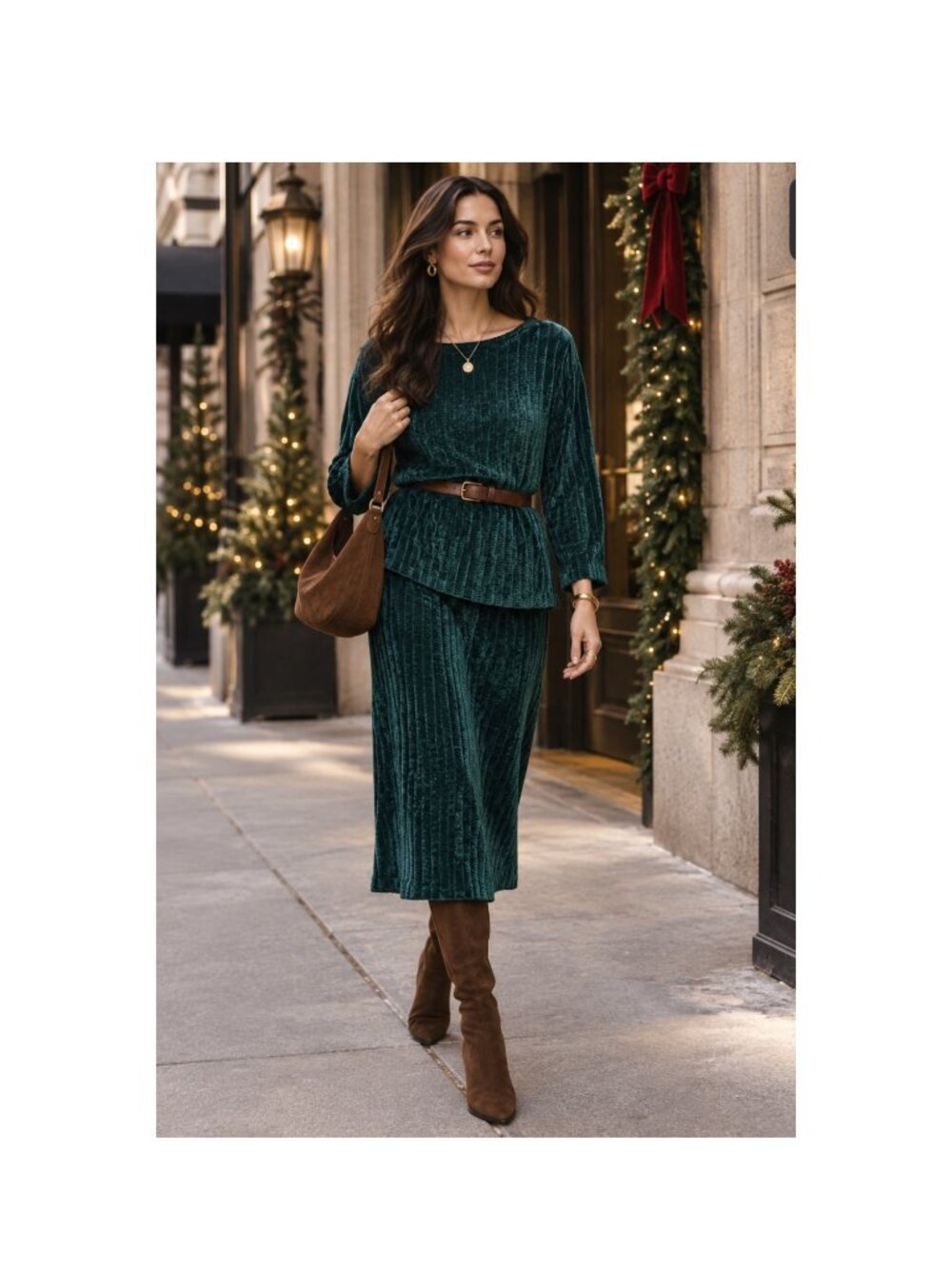 VTG Zone West Emerald Green Crushed Velvet Set Midi Skirt Top Minimalist 90's